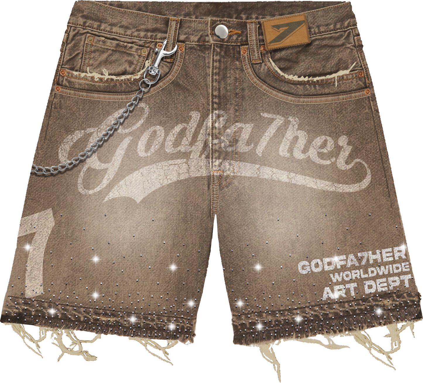 GODFA7HER Artillery Denim Jorts Brown Acid Wash (Chain Included)