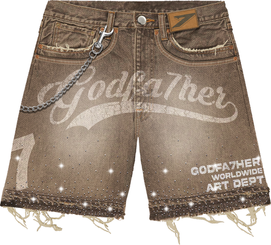 GODFA7HER Artillery Denim Jorts Brown Acid Wash (Chain Included)